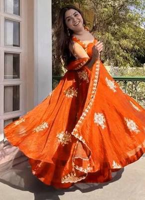 Orange Fendy Silk Flared Gown Sharara Set with Sequence Embroidery & Dupatta 4