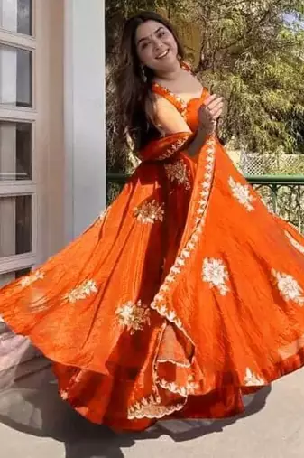 Orange Fendy Silk Flared Gown Sharara Set with Sequence Embroidery & Dupatta
