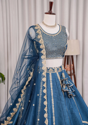 Navy Blue Fentam Silk Embroidered Lehenga Choli with Dupatta for Women | Festive Wedding Wear 3