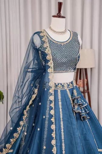 Navy Blue Fentam Silk Embroidered Lehenga Choli with Dupatta for Women | Festive Wedding Wear