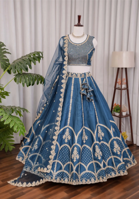 Navy Blue Fentam Silk Embroidered Lehenga Choli with Dupatta for Women | Festive Wedding Wear 4