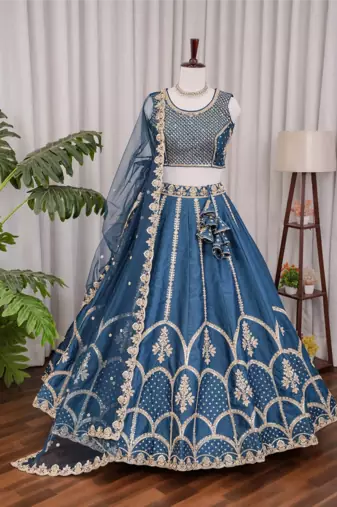 Navy Blue Fentam Silk Embroidered Lehenga Choli with Dupatta for Women | Festive Wedding Wear