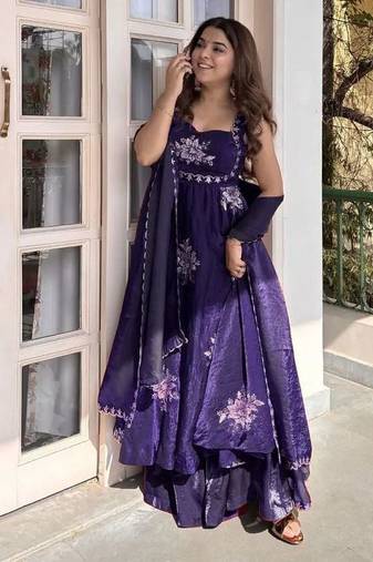 Purple Fendy Silk Flared Gown Sharara Set with Sequence Embroidery & Dupatta