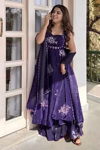 Purple Fendy Silk Flared Gown Sharara Set with Sequence Embroidery & Dupatta