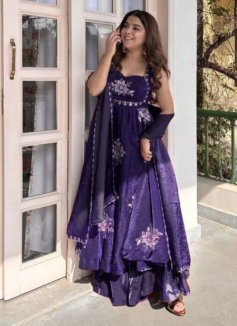 Purple Fendy Silk Flared Gown Sharara Set with Sequence Embroidery & Dupatta