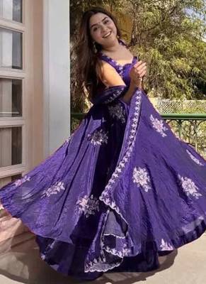 Purple Fendy Silk Flared Gown Sharara Set with Sequence Embroidery & Dupatta 2