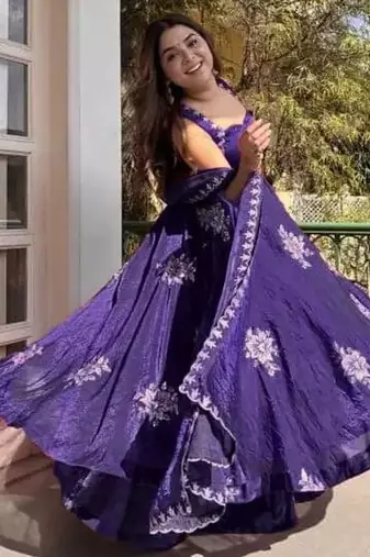 Purple Fendy Silk Flared Gown Sharara Set with Sequence Embroidery & Dupatta