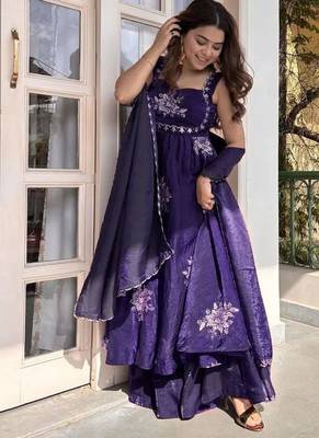 Purple Fendy Silk Flared Gown Sharara Set with Sequence Embroidery & Dupatta 3