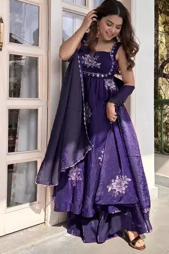 Purple Fendy Silk Flared Gown Sharara Set with Sequence Embroidery & Dupatta