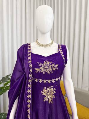 Purple Fendy Silk Flared Gown Sharara Set with Sequence Embroidery & Dupatta 4