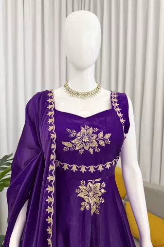 Purple Fendy Silk Flared Gown Sharara Set with Sequence Embroidery & Dupatta