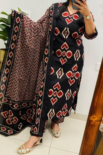 Women PURE COTTON BLOCK PRINT KURTA WITH PANT AND DUPATTA 