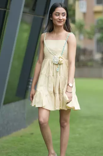 Yellow pure cotton mini summer floral dress