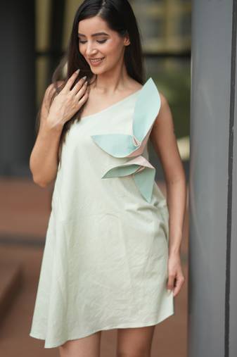 Mint green pure cotton a-line one shoulder mini floral summer dress