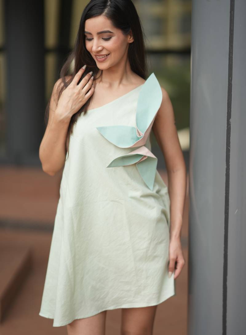 Mint green pure cotton a-line one shoulder mini floral summer dress