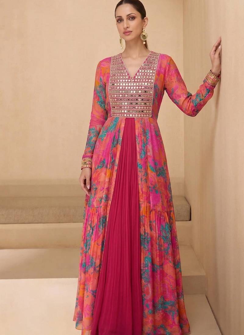 Multicolor  real mirraw georgette gown suit