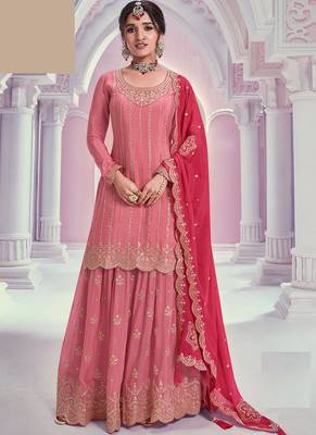 Peach zari chinon silk salwar suit 1