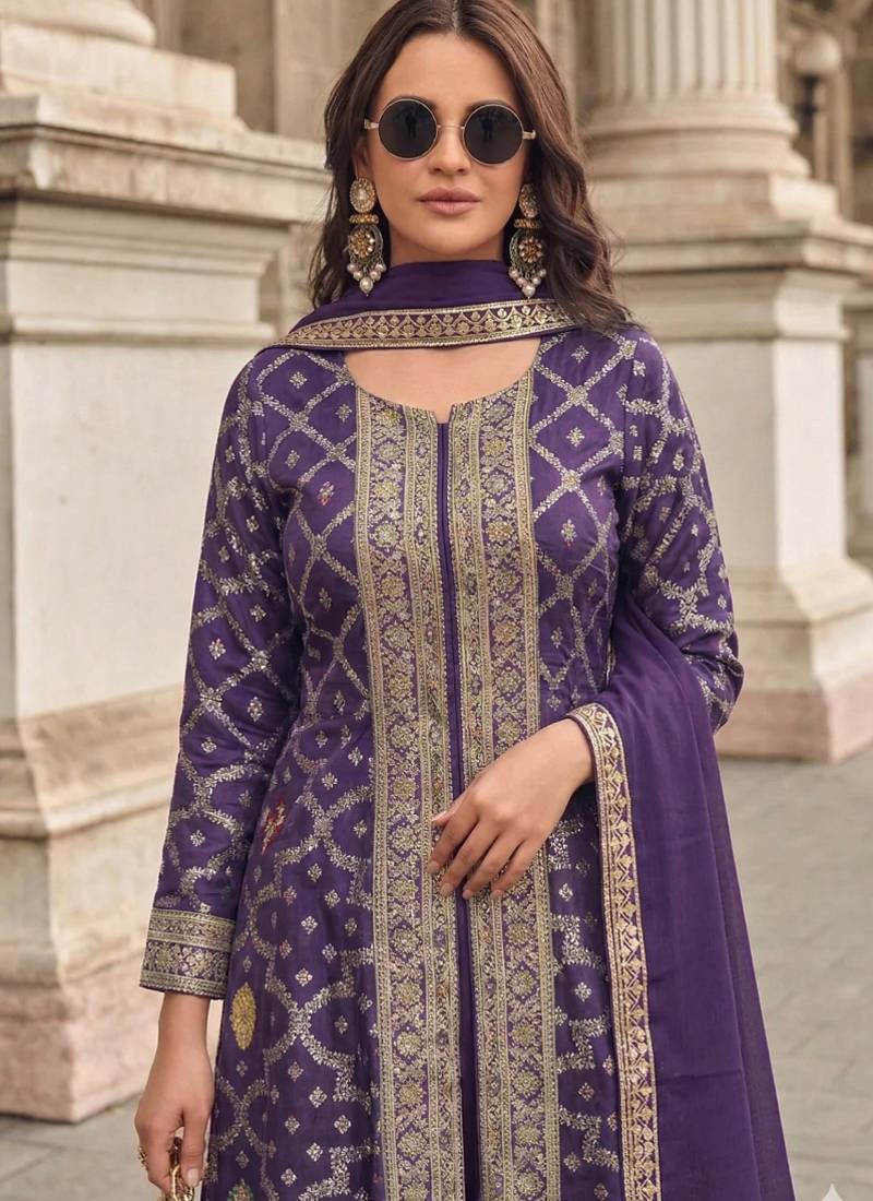 Purple zari jacqurad palazzo suit