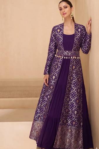 Purple brocade georeatte gown suit