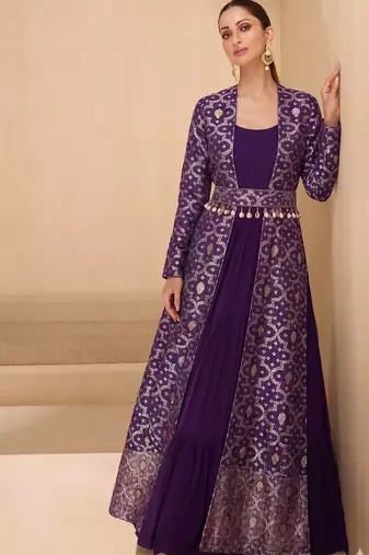 Purple brocade georeatte gown suit