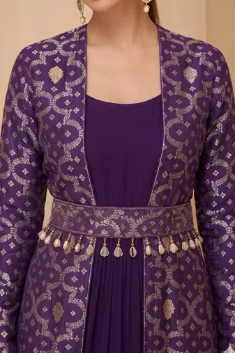 Purple brocade georeatte gown suit