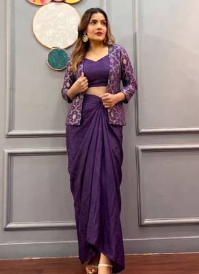 Purple brocade chinon silk indo western suit 1