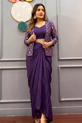 Purple brocade chinon silk indo western suit