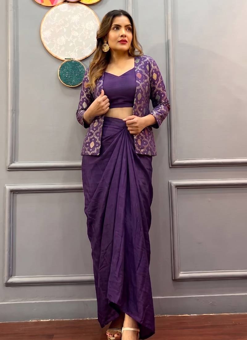 Purple brocade chinon silk indo western suit