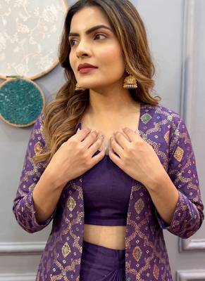 Purple brocade chinon silk indo western suit 2