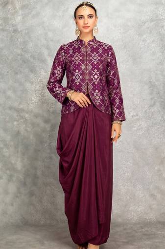 Wine brocade georeatte palazzo suit