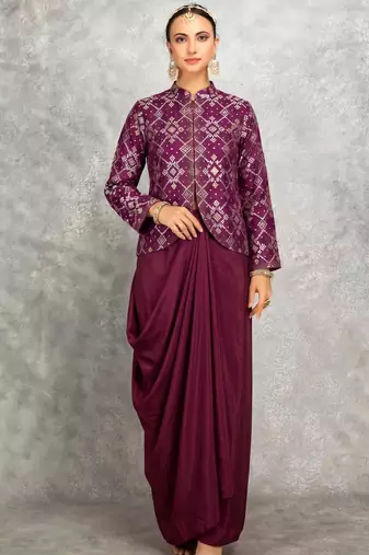 Wine brocade georeatte palazzo suit