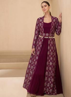 Wine brocade jacquard indo western suit 1