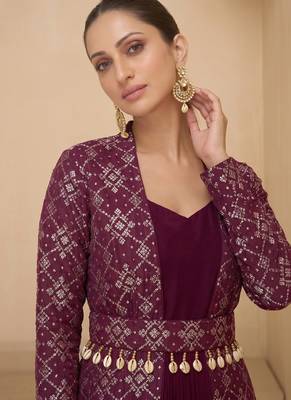 Wine brocade jacquard indo western suit 2