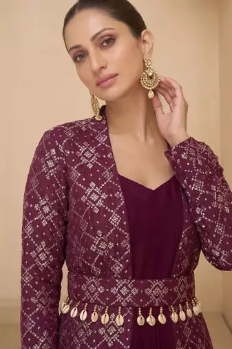 Wine brocade jacquard indo western suit