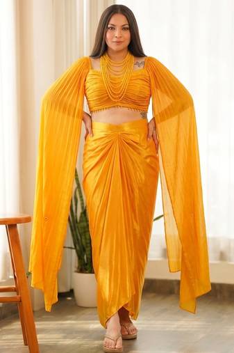 Dark-yellow beads chinon silk indo western suit
