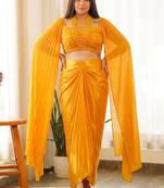 Dark-yellow beads chinon silk indo western suit