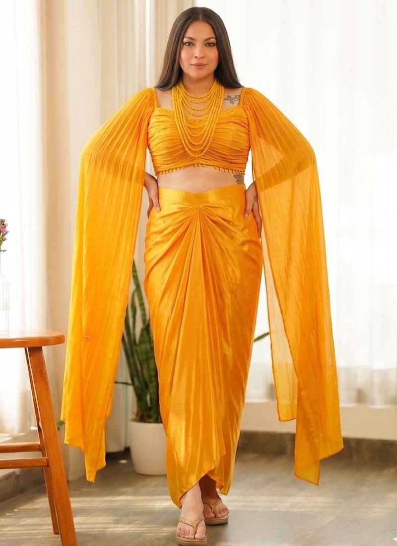 Dark-yellow beads chinon silk indo western suit