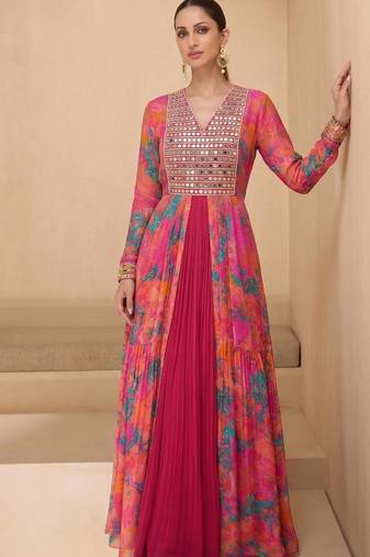 Multicolor  real mirraw georgette gown suit