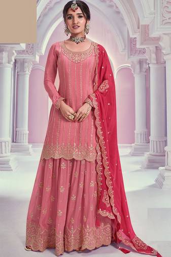 Peach zari chinon silk salwar suit