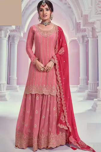 Peach zari chinon silk salwar suit