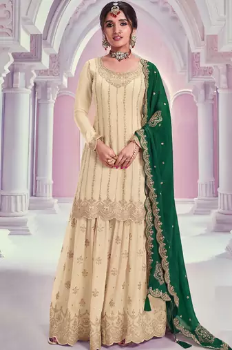 Cream zari chinon silk salwar suit
