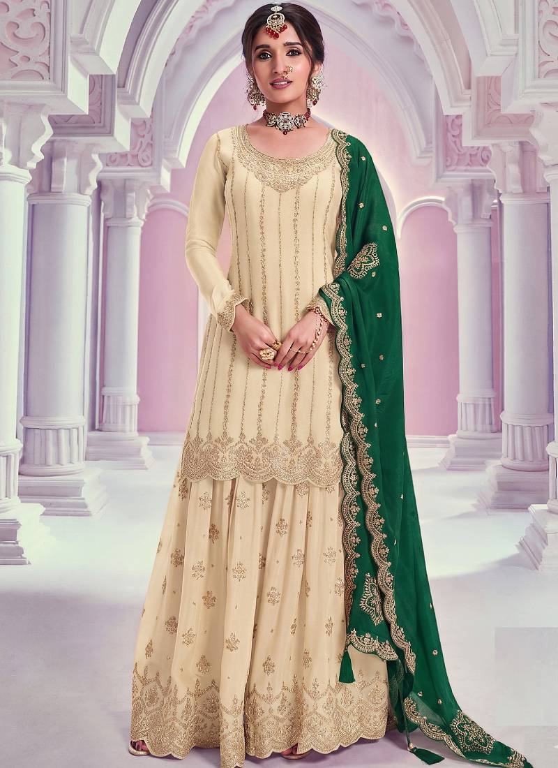 Cream zari chinon silk salwar suit