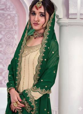 Cream zari chinon silk salwar suit 2