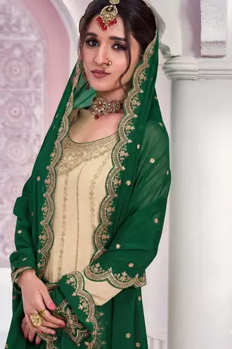 Cream zari chinon silk salwar suit
