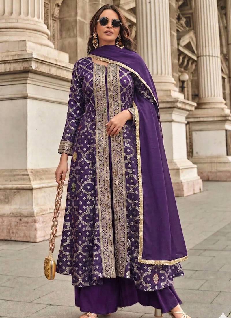 Purple zari jacqurad palazzo suit