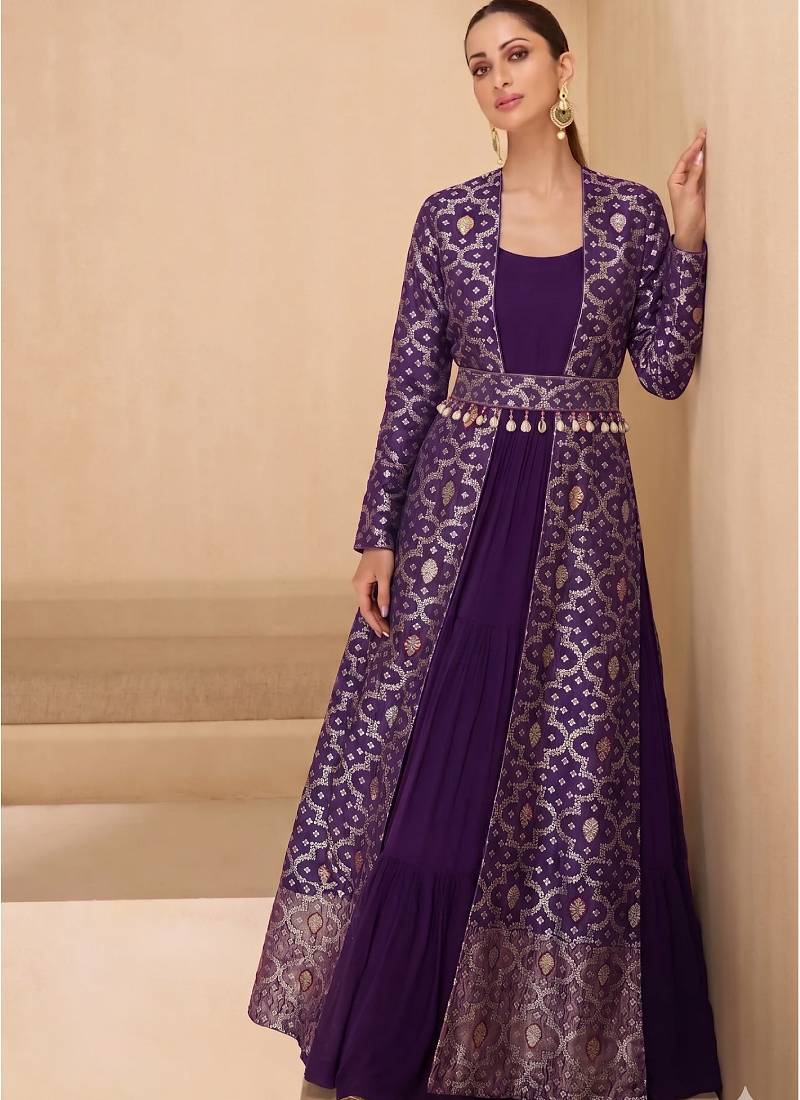 Purple brocade georeatte gown suit