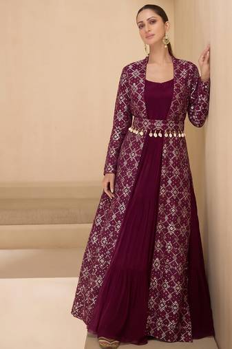 Wine brocade jacquard indo western suit