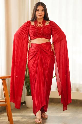 Red beads chinon silk indo western suit