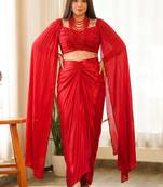 Red beads chinon silk indo western suit
