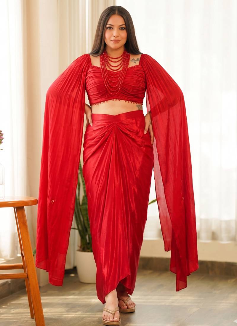 Red beads chinon silk indo western suit